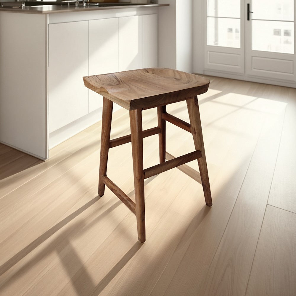 Tisa 24 Inch Backless Counter Height Stool, Handcrafted Saddle Seat in Natural Brown Acacia Wood - UPT-314298