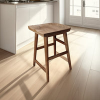 Tisa 24 Inch Backless Counter Height Stool, Handcrafted Saddle Seat in Natural Brown Acacia Wood - UPT-314298