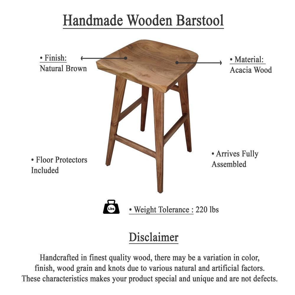 Tisa 29 Inch Backless Barstool, Handcrafted Saddle Seat in Natural Brown Acacia Wood - UPT-314299