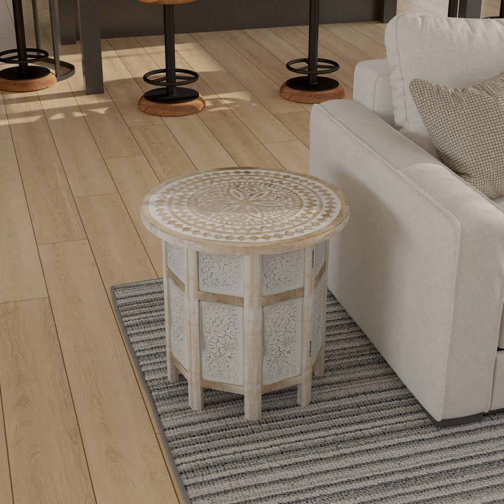 Accent Side Table, Mango Wood 18 Inch Round Top, Hand Carved Inlay Mandala Design, Washed White - UPT-315245