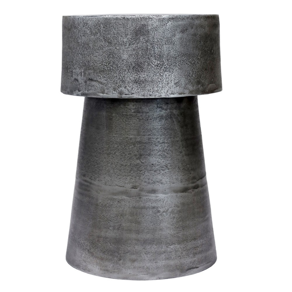 Vintage 23.6 Inch Accent Side Table, Round Top, Antique Silver Cast Aluminum Drum Base - UPT-315641