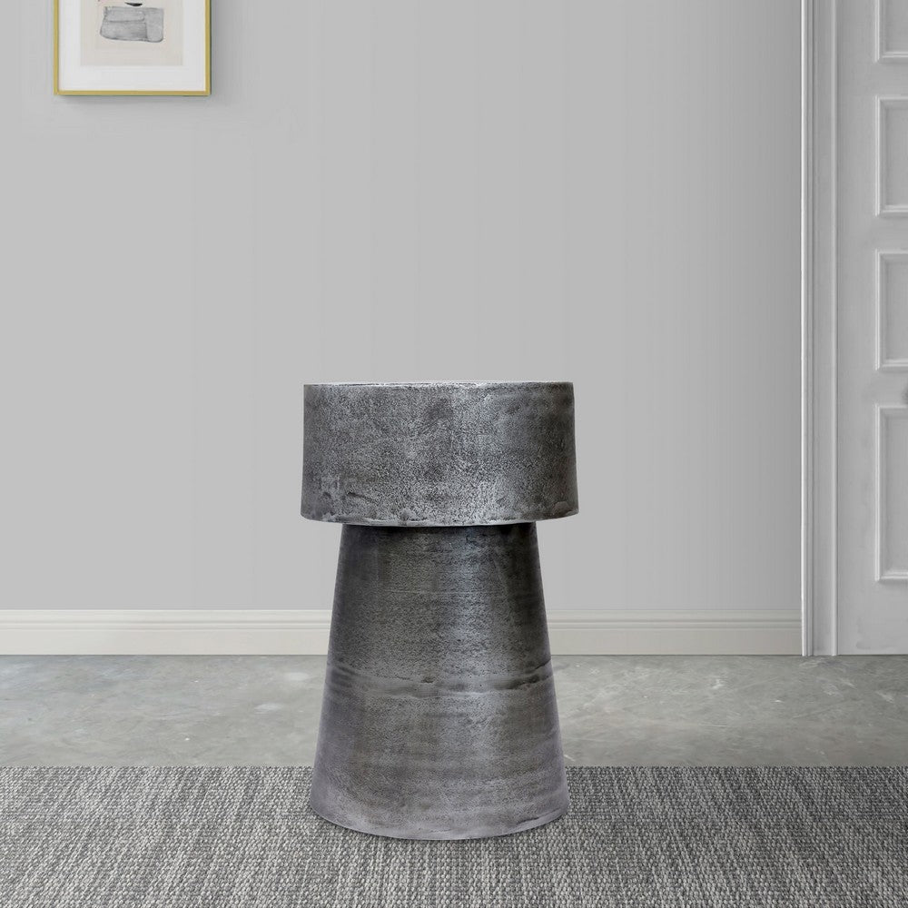 Vintage 23.6 Inch Accent Side Table, Round Top, Antique Silver Cast Aluminum Drum Base - UPT-315641