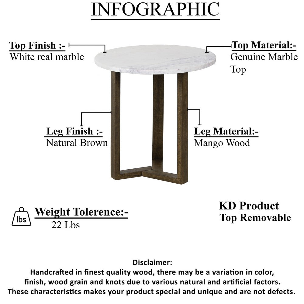 Fina Side End Table, 20 Inch Round White Genuine Marble Top, Natural Brown Mango Wood 3 Leg Sled Base UPT-315771