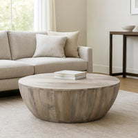 Arthur 35.5 Inch Round Mango Wood Coffee Table, Subtle Grains, Distressed White - UPT-32181