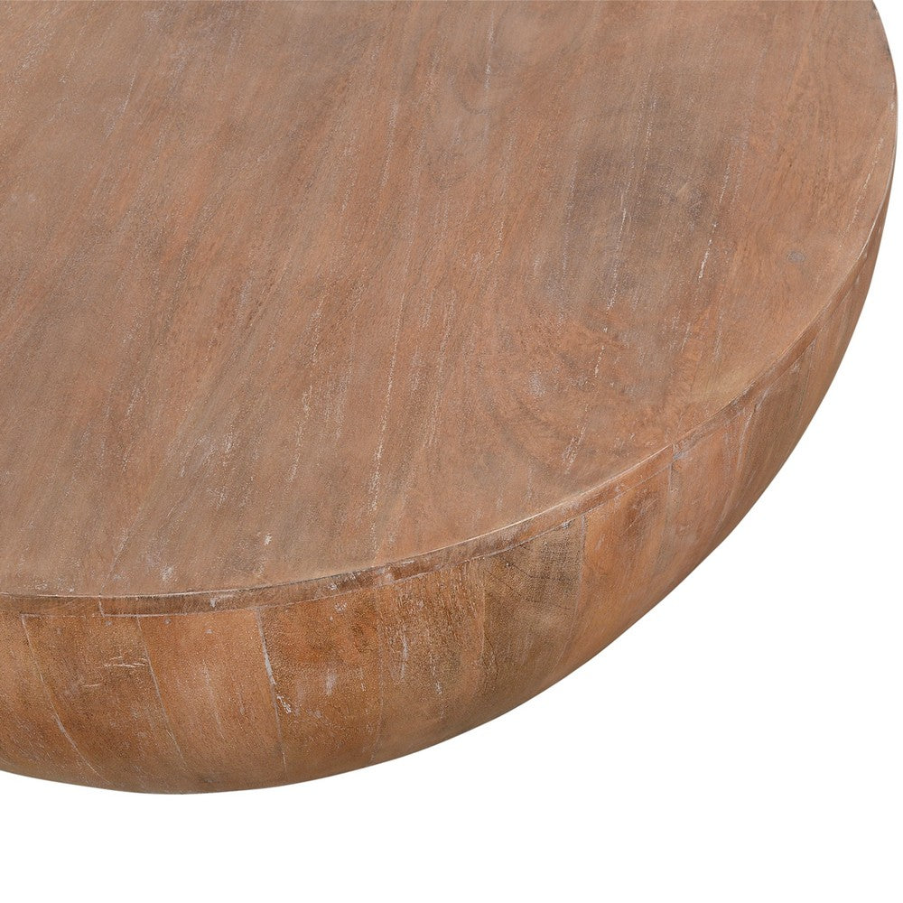 Arthur Drum Shape Wooden Coffee Table with Plank Design Base, Distressed Brown - UPT-32182