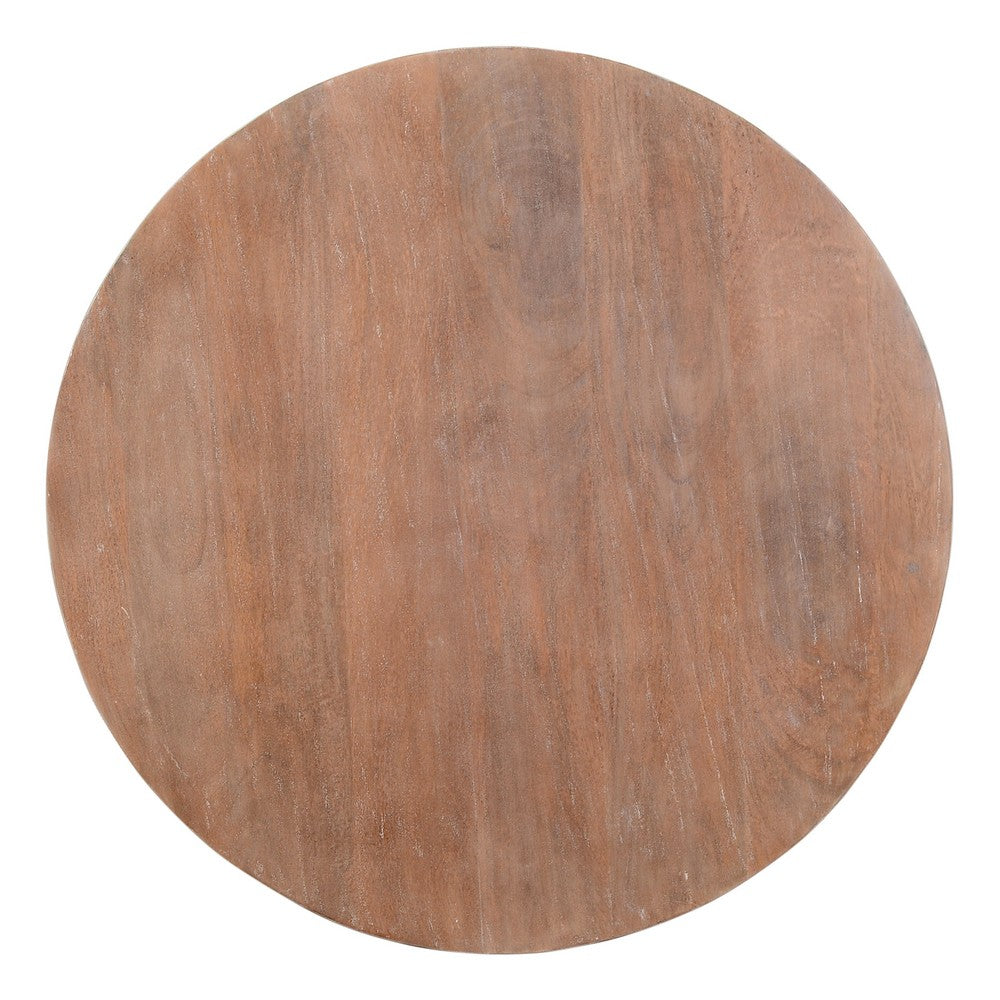 Arthur Drum Shape Wooden Coffee Table with Plank Design Base, Distressed Brown - UPT-32182