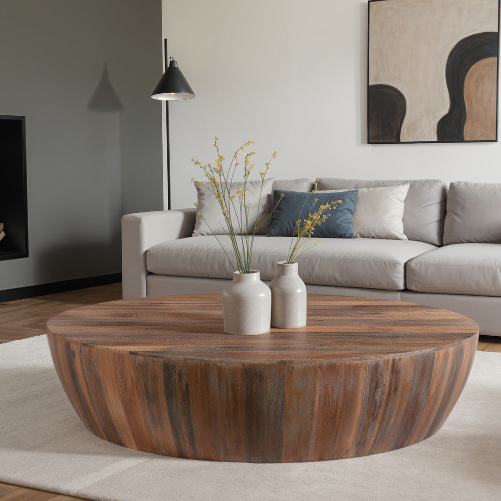 Arthur Handcarved 48 Inch Drum Shape Round Top Mango Wood Distressed Wooden Coffee Table, Brown- UPT-32184