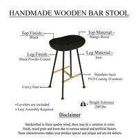 Elira 24" Backless Barstool with Handcrafted Mango Wood Saddle Seat | PVD Coating | Black Iron Legs | Gold Footrest - UPT-327535