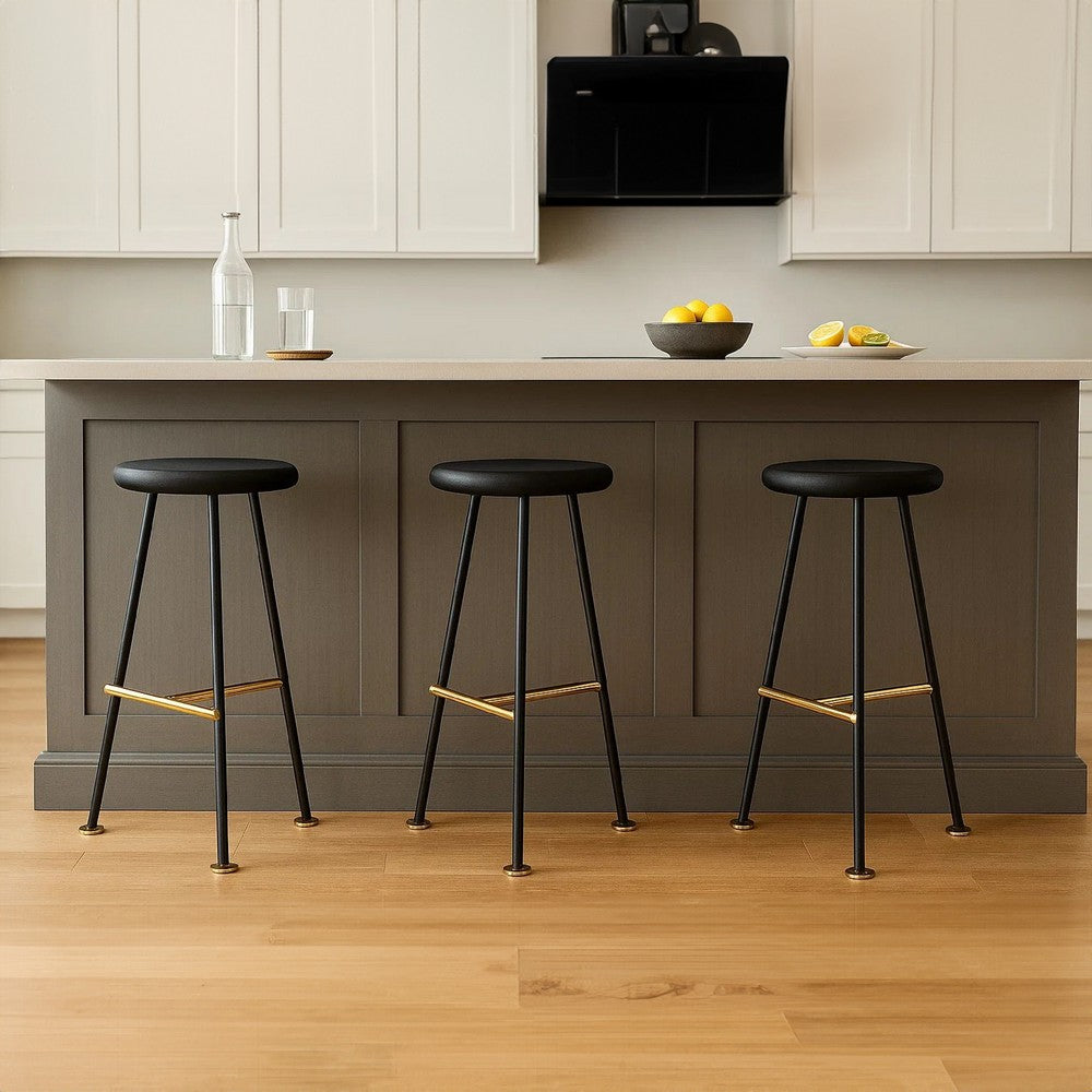 Elira 24.5 Backless Barstool with Round Mango Wood Seat | PVD Coating | Black Iron Legs | Gold Footrest - UPT-327536