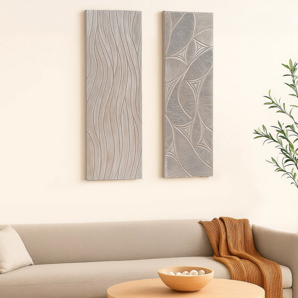 2pc Ocean Wave Wood Wall Art Panels | 16x48 Inch Abstract and Wave Pattern Decor| Gray - UPT-330435