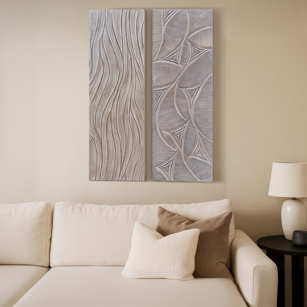 2pc Ocean Wave Wood Wall Art Panels | 16x48 Inch Abstract and Wave Pattern Decor| Gray - UPT-330435