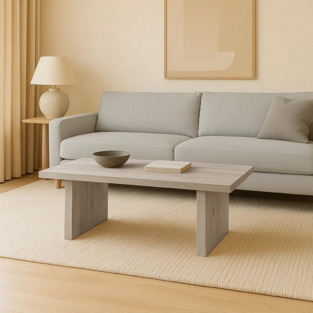 Nira Coffee Table | 48 Inch Rectangular Top | Handcrafted Washed White Acacia Wood | Panel Leg Base - UPT-332353