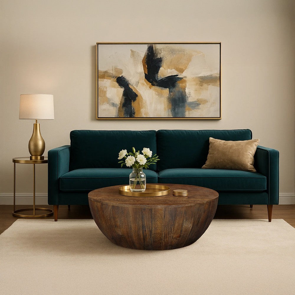 Arthur Coffee Table | 35.5" Round Top | Drum Shaped Sandblasted Walnut Brown Mango Wood - UPT-332354
