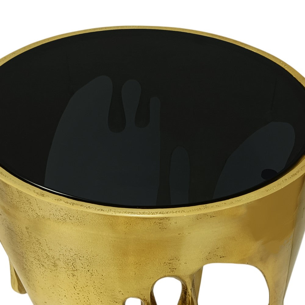 Capri Side End Table | 24.75 Inch Round Glass Top | Melting Drip Design |  Antique Gold - UPT-332445