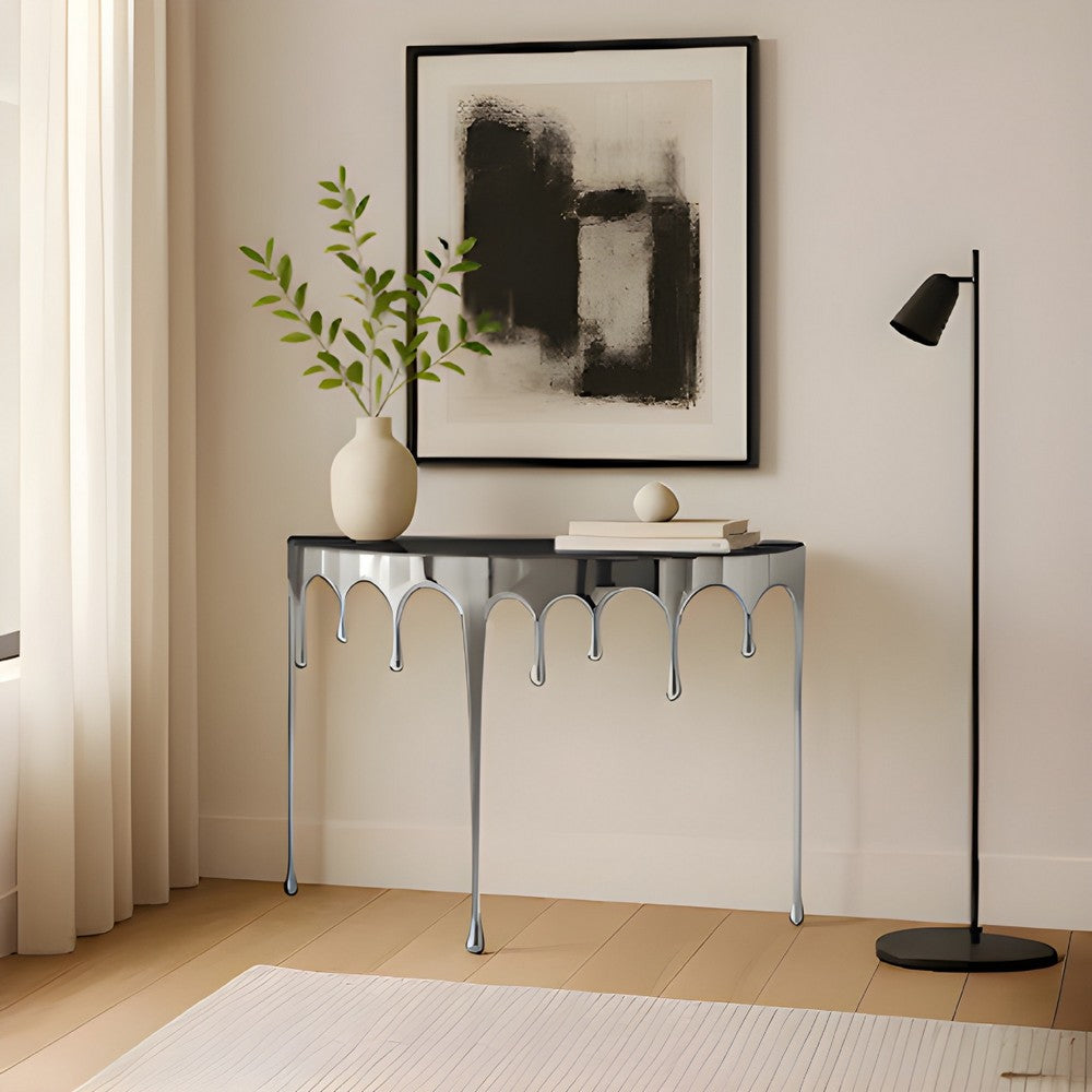 Capri Sofa Console Table | 36.25" Half Moon Glass Top | Melting Drip Design | Aluminum Cast | Silver - UPT-332448