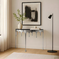 Capri Sofa Console Table | 36.25" Half Moon Glass Top | Melting Drip Design | Aluminum Cast | Silver - UPT-332448