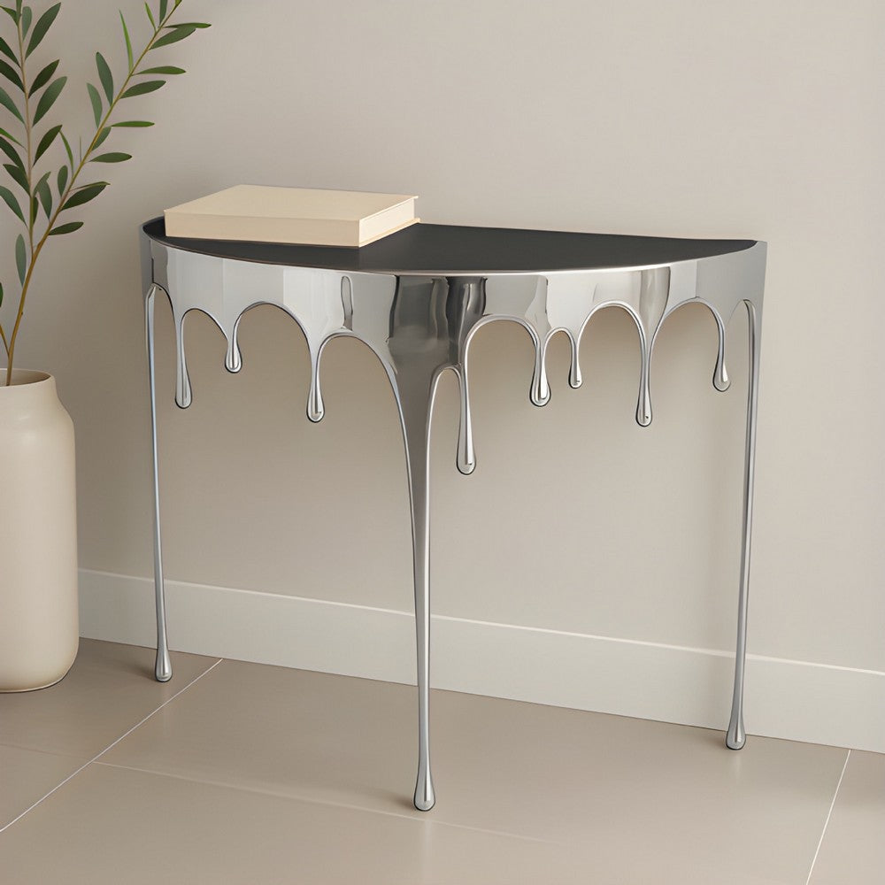 Capri Sofa Console Table | 36.25" Half Moon Glass Top | Melting Drip Design | Aluminum Cast | Silver - UPT-332448