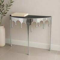Capri Sofa Console Table | 36.25" Half Moon Glass Top | Melting Drip Design | Aluminum Cast | Silver - UPT-332448