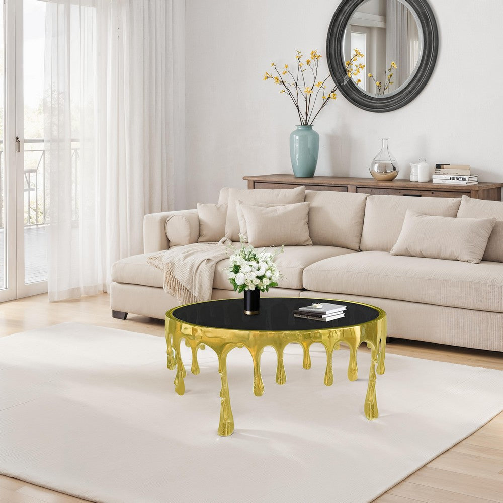 Capri Coffee Table | 36 Inch Round Glass Top | Melting Drip Design | Antique Gold - UPT-332449