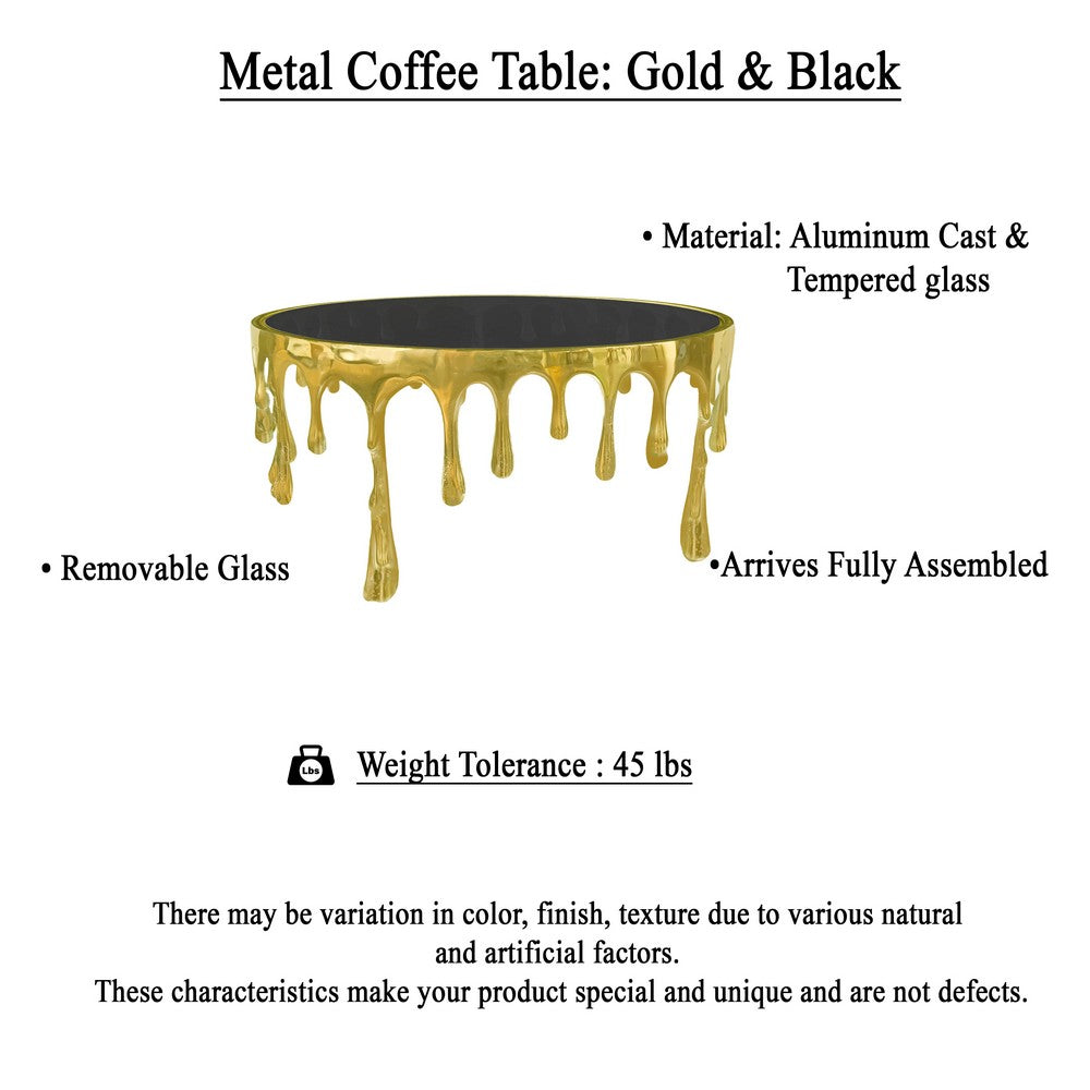 Capri Coffee Table | 36 Inch Round Glass Top | Melting Drip Design | Antique Gold - UPT-332449