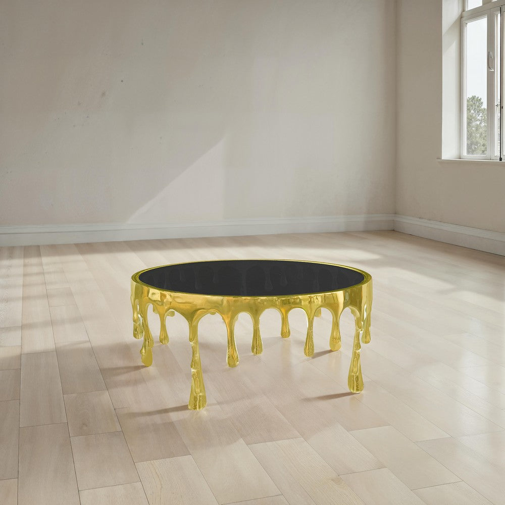 Capri Coffee Table | 36 Inch Round Glass Top | Melting Drip Design | Antique Gold - UPT-332449