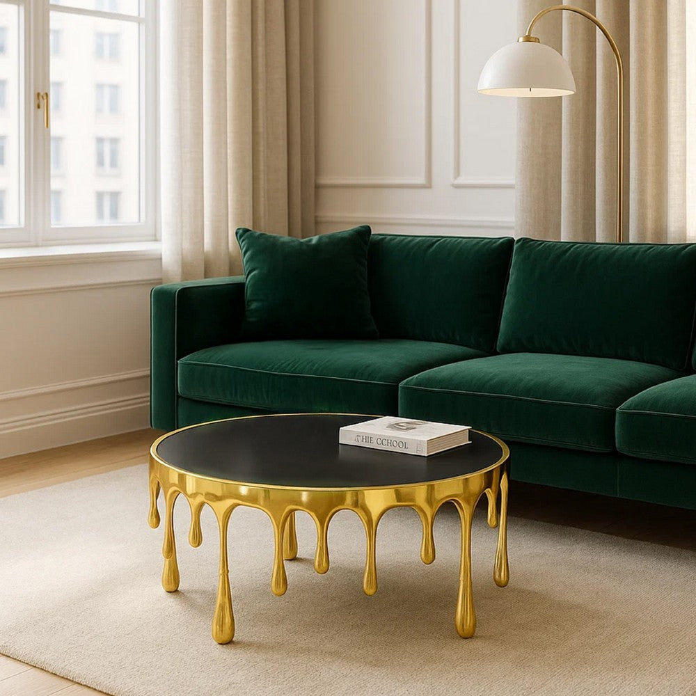 Capri Coffee Table | 36 Inch Round Glass Top | Melting Drip Design | Antique Gold - UPT-332449