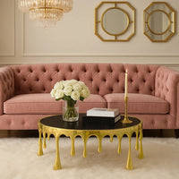 Capri Coffee Table | 36 Inch Round Glass Top | Melting Drip Design | Antique Gold - UPT-332449