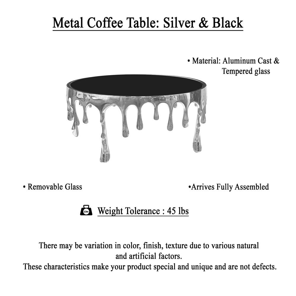 Capri Coffee Table | 36 Inch Round Glass Top | Melting Drip Design | Silver - UPT-332450