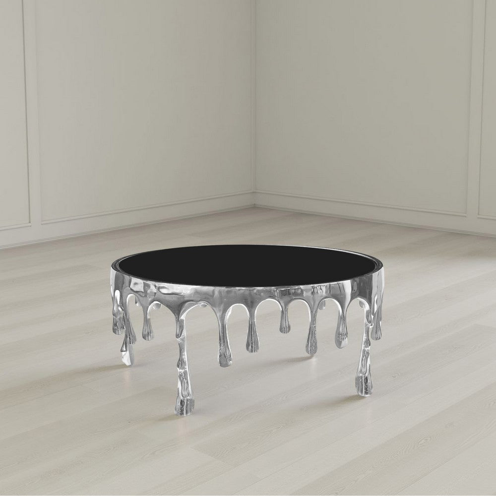 Capri Coffee Table | 36 Inch Round Glass Top | Melting Drip Design | Silver - UPT-332450