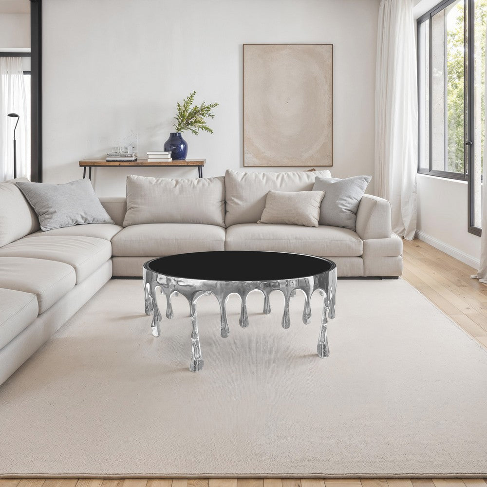 Capri Coffee Table | 36 Inch Round Glass Top | Melting Drip Design | Silver - UPT-332450