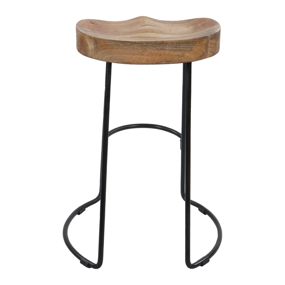 Ela 24 Inch Counter Height Stool, Mango Wood Saddle Seat, Iron Frame, Brown and Black - UPT-37910