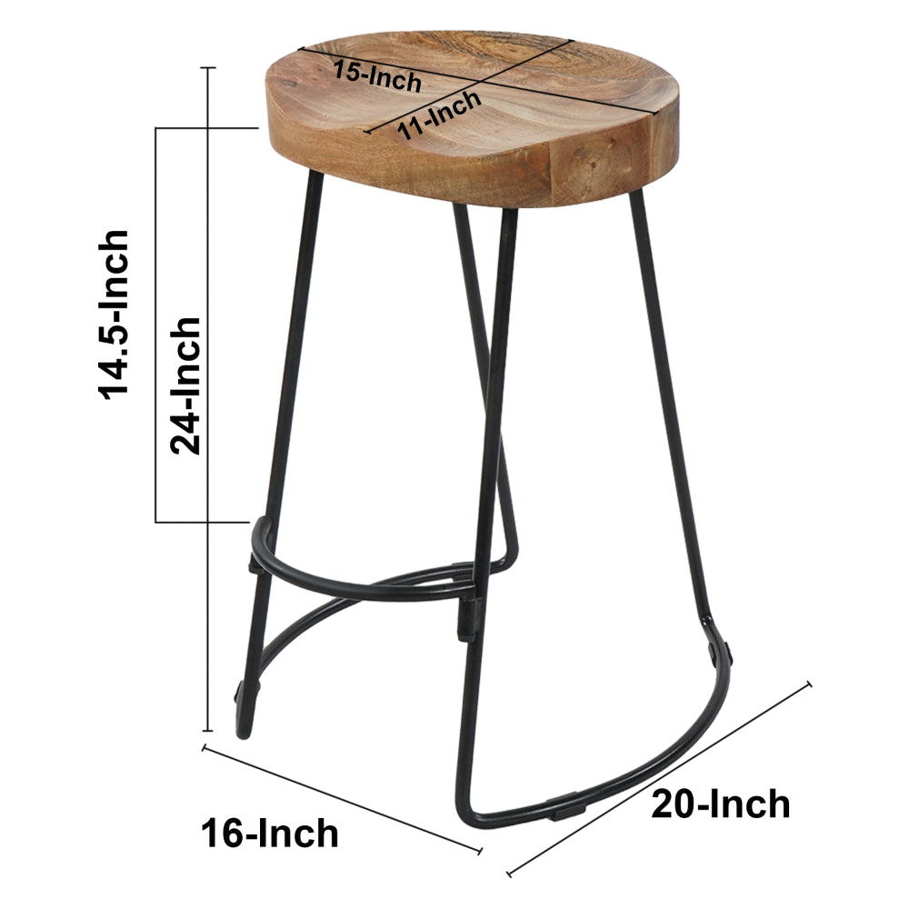 Ela 24 Inch Counter Height Stool, Mango Wood Saddle Seat, Iron Frame, Brown and Black - UPT-37910