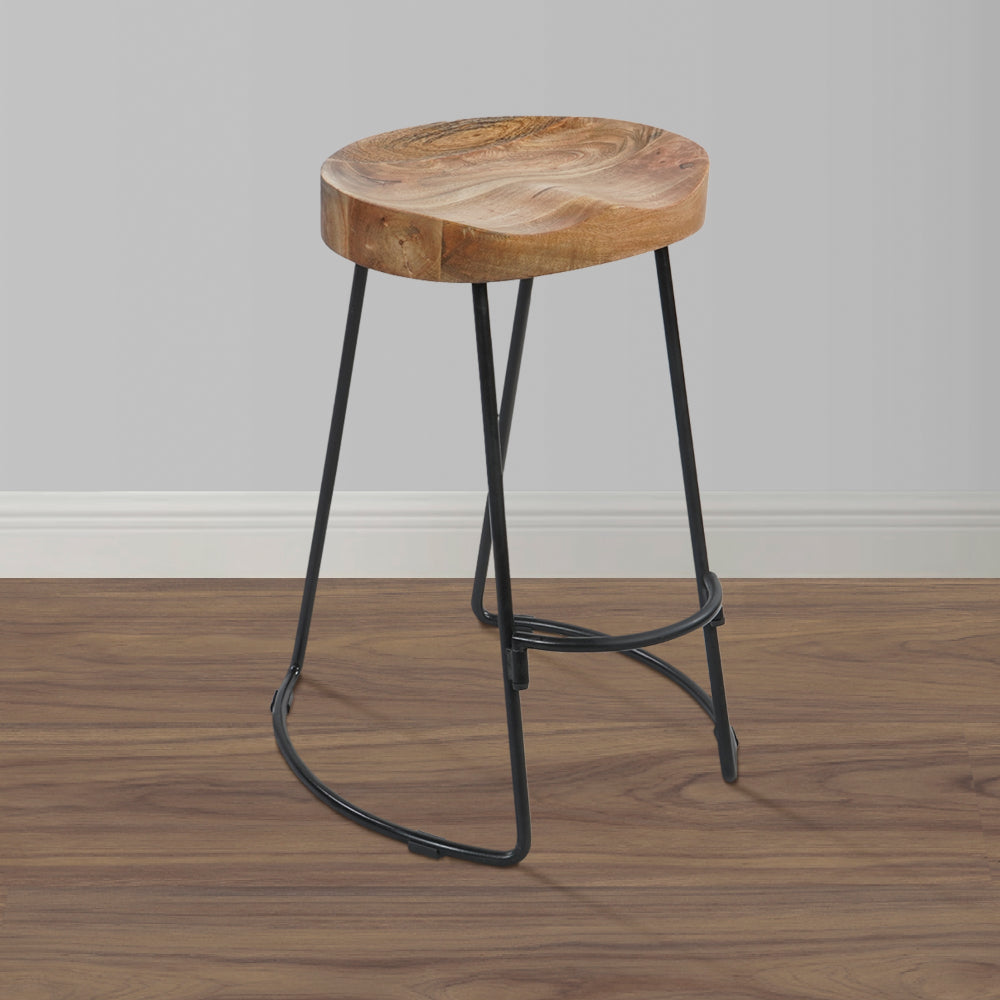 Ela 24 Inch Counter Height Stool, Mango Wood Saddle Seat, Iron Frame, Brown and Black - UPT-37910
