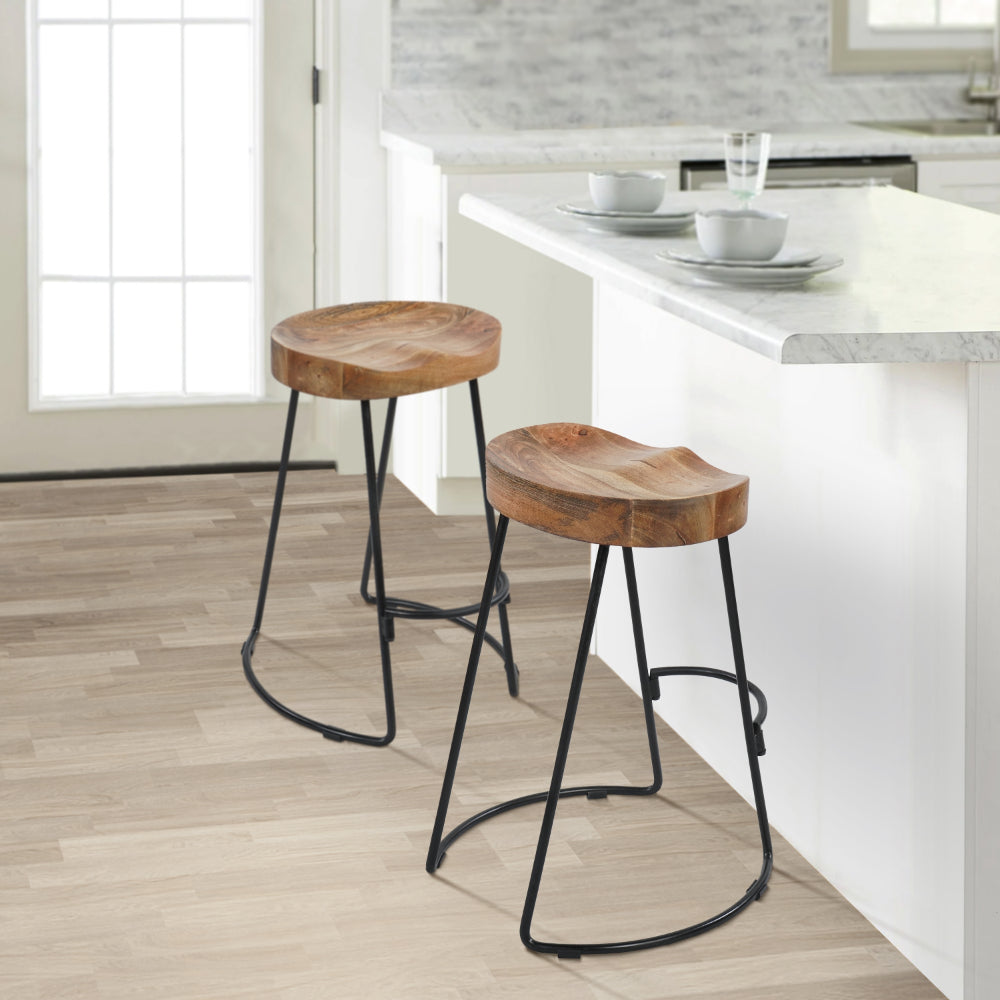 Ela 24 Inch Counter Height Stool, Mango Wood Saddle Seat, Iron Frame, Brown and Black - UPT-37910