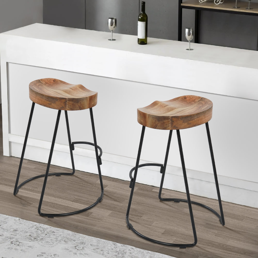 Ela 24 Inch Counter Height Stool, Mango Wood Saddle Seat, Iron Frame, Brown and Black - UPT-37910
