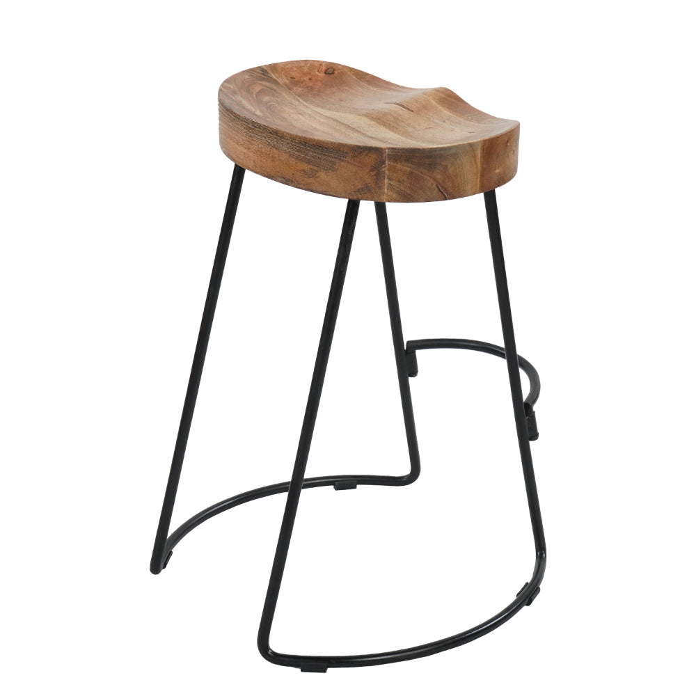 Ela 24 Inch Counter Height Stool, Mango Wood Saddle Seat, Iron Frame, Brown and Black - UPT-37910