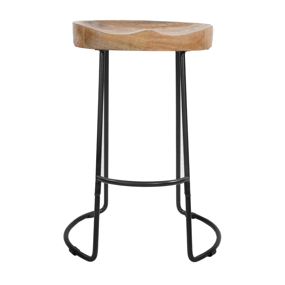 Ela 24 Inch Counter Height Stool, Mango Wood Saddle Seat, Iron Frame, Brown and Black - UPT-37910
