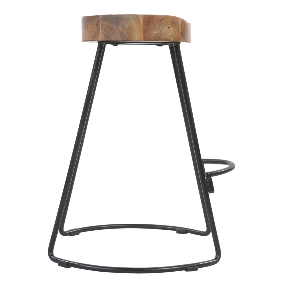 Ela 24 Inch Counter Height Stool, Mango Wood Saddle Seat, Iron Frame, Brown and Black - UPT-37910