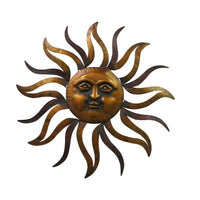 35 Inch Round Hanging Metal Sun Wall Art Decor with Facial Details, Bronze - BM07981