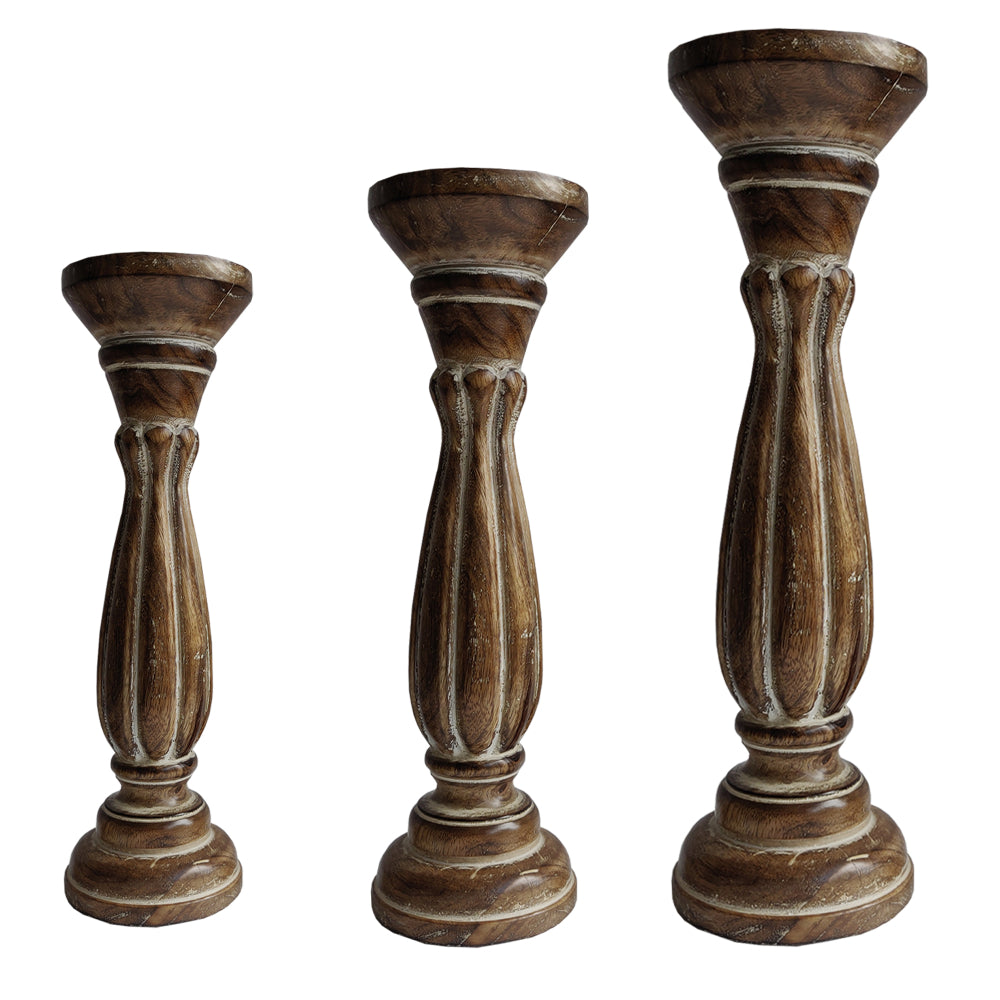 Taki Handmade Wooden Candle Holder with Pillar Base Support, Distressed Brown, Set of 3 - BM08014