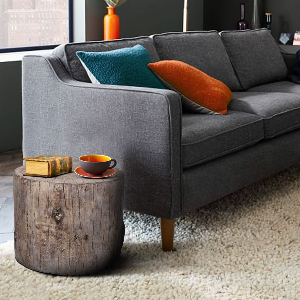 Round Tree Stump Cement Stool, Weathered Brown - BM158297