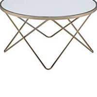 19" Round Glass Top Coffee Table with V Legs, White and Gold