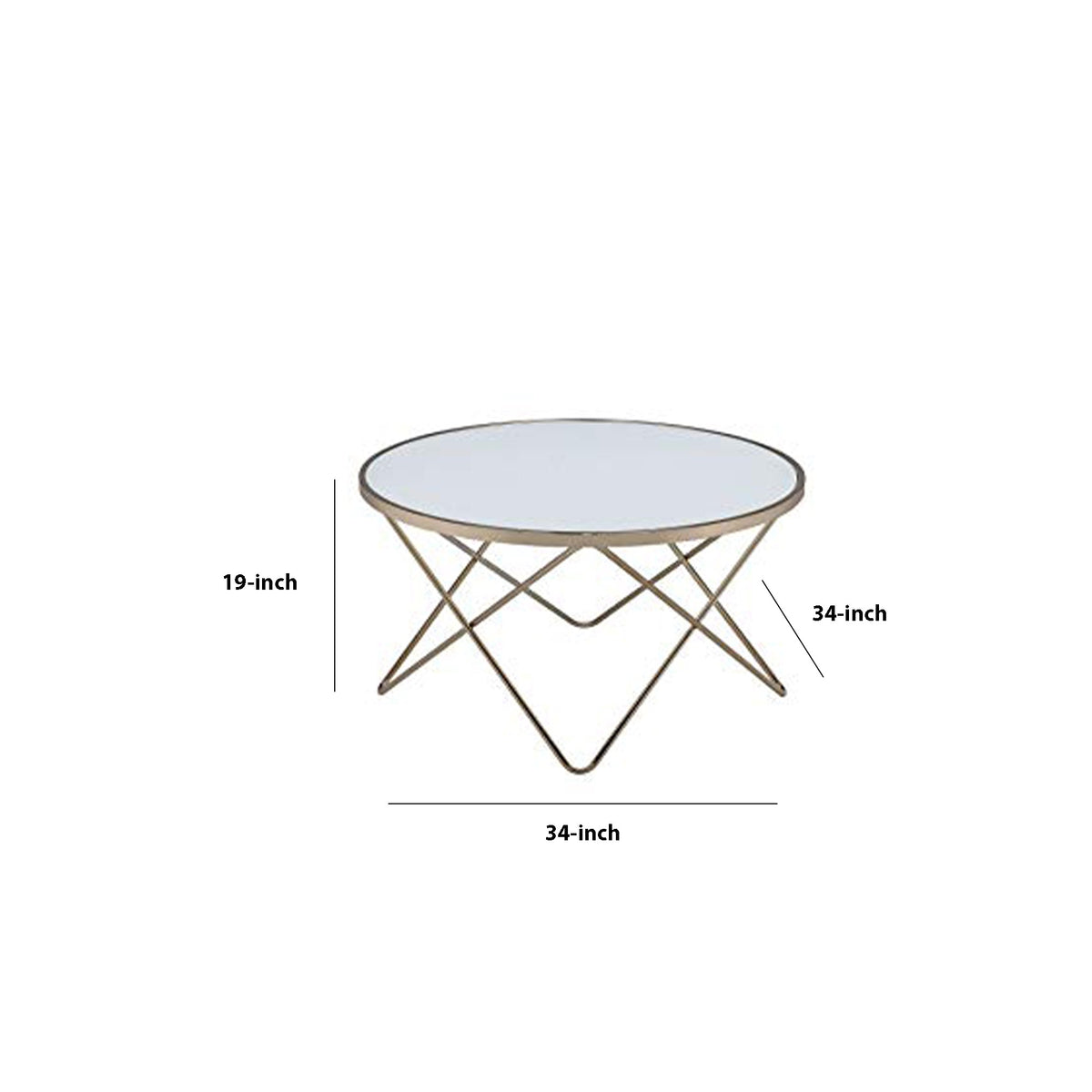 19" Round Glass Top Coffee Table with V Legs, White and Gold