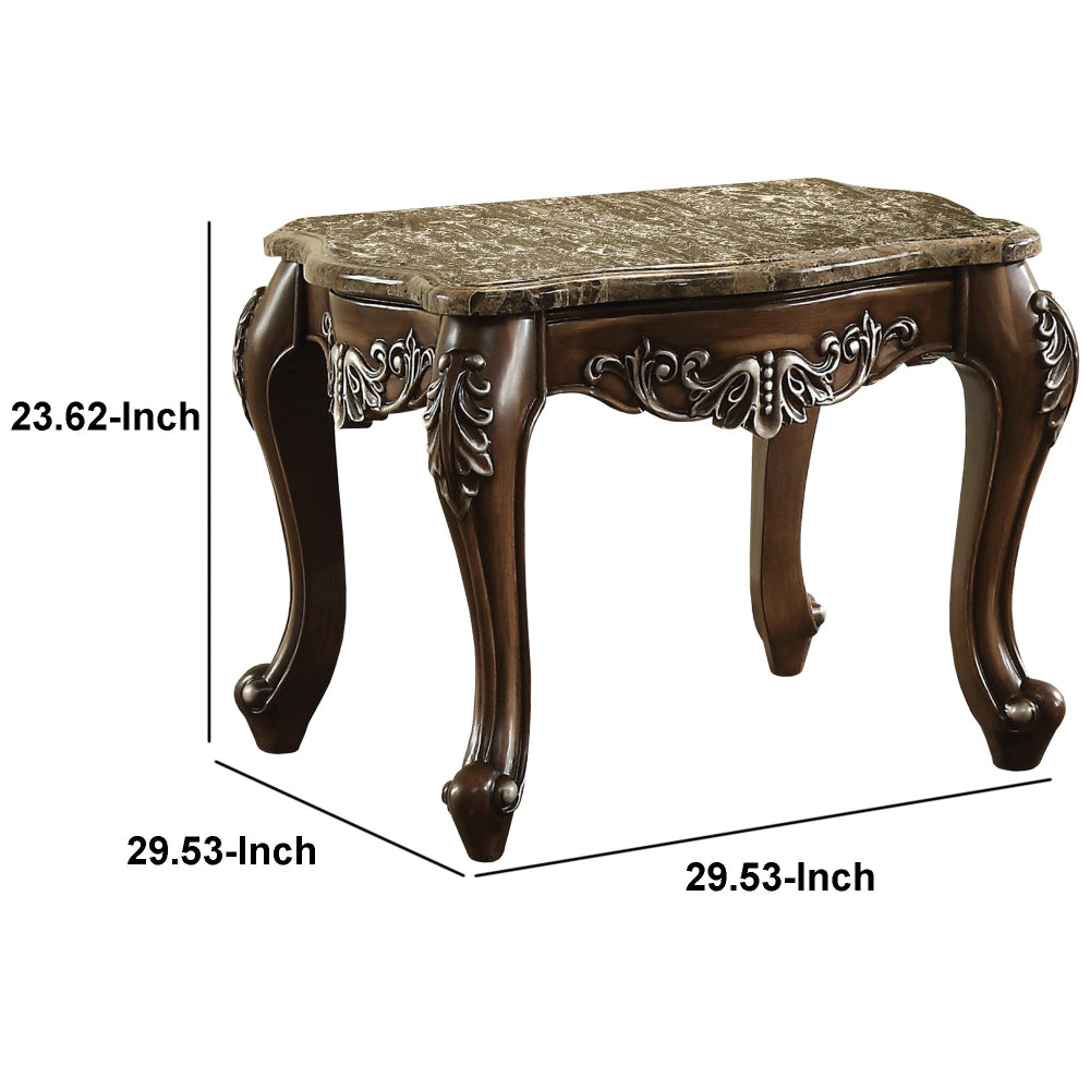 Wooden End Table with Marble Top in Antique Oak Brown  - BM177648