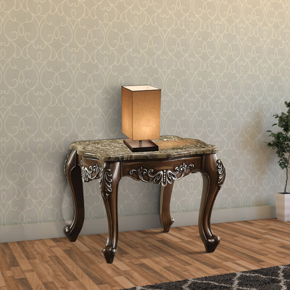 Wooden End Table with Marble Top in Antique Oak Brown  - BM177648