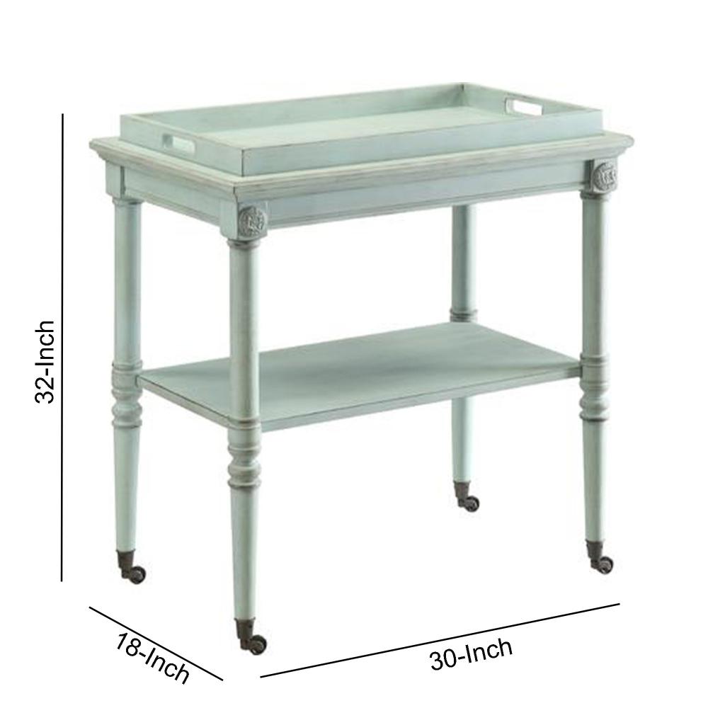 32 Inch 2 Tier Wooden Tray Table with Casters, Antique Gray - BM157308