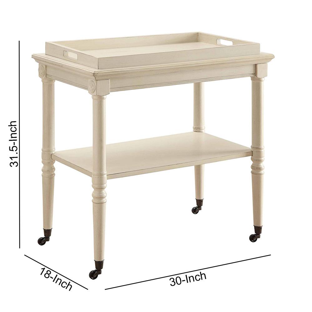 32 Inch 2 Tier Wooden Tray Table with Casters, Antique White - BM157309