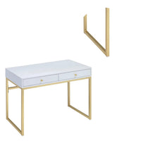 2 Drawer Wooden Desk with Sled Base, White and Gold - BM185350