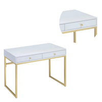 2 Drawer Wooden Desk with Sled Base, White and Gold - BM185350