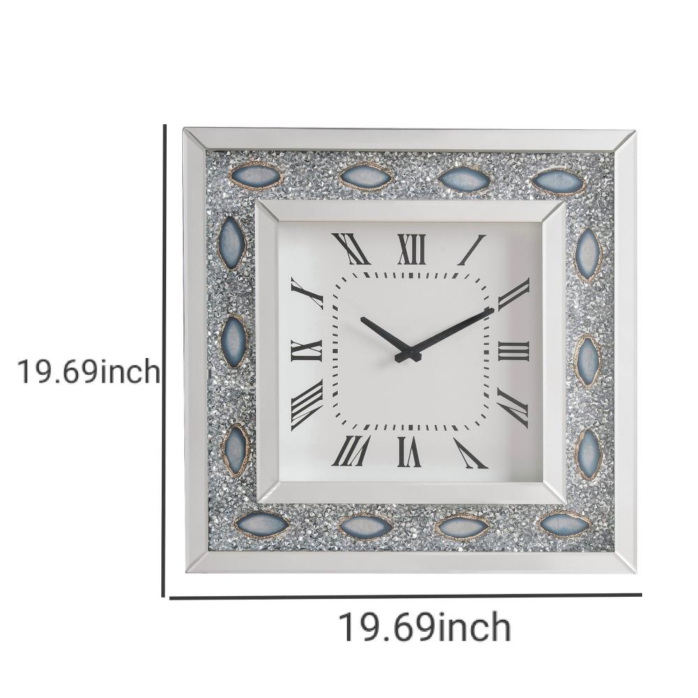 Square Shaped Wall Clock with Faux Agate Stones, Silver - BM185417